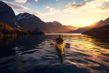 tourist floats on a yellow kayak along a river in the fjords of Norway. water sports and boat travel - obrazy, fototapety, plakaty