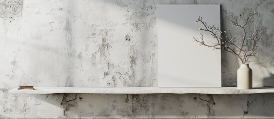 Concrete wall painted in white with a shelf and empty poster.