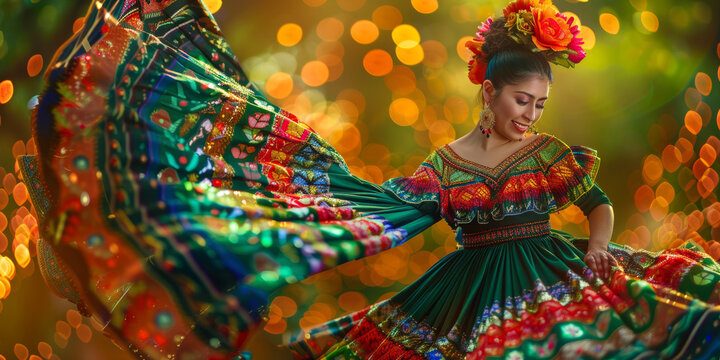 Traditional Mexican Cinco de Mayo dance dress in Motion Colourful movement woman Culture swirl vivid colors celebration holiday festival heritage beauty lights bokeh flowers costume blur Mexico