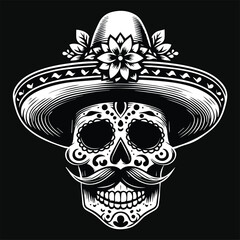 Fototapeta premium Dark Art Mexican Skull Head with Traditional Hat Black and White Illustration