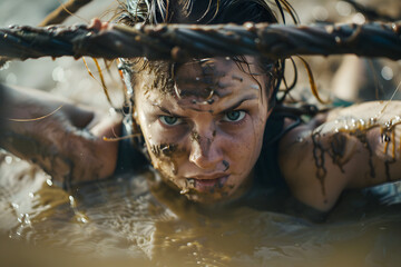 女性たちが障害物レースで泥だらけでスパルタの競技を戦っている	
 - obrazy, fototapety, plakaty
