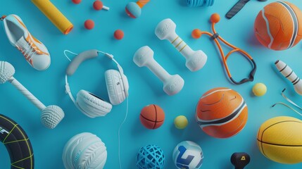 Assortment of sports equipment on blue background, fitness and activity concept.