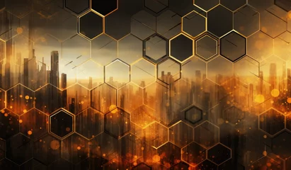 Fotobehang Abstract metallic texture hexagon pattern with glowing orange red flame on black grey background technology style. Modern futuristic honeycomb concept. © ribelco