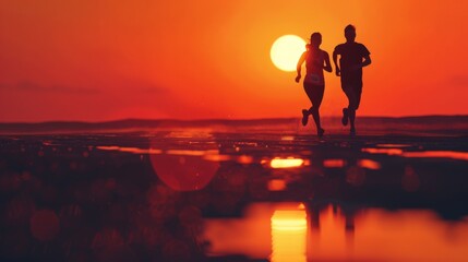 Fototapeta premium Silhouetted couple running at dusk, sunset reflecting on water.