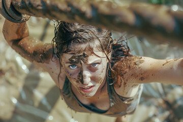 女性たちが障害物レースで泥だらけでスパルタの競技を戦っている	
 - obrazy, fototapety, plakaty