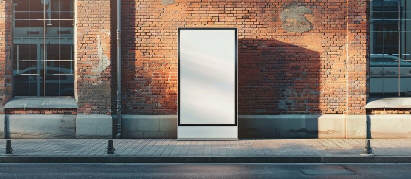 Mockup of a blank white vertical pylon stand near a brick building, shown from the side. An empty information stand on the street for advertising mock-ups.