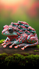 A vivid and raw depiction of a coral and silver frog mother, intricately detailed, covered with her five tiny frog babies and the mother frog's skin shimmers with a blend of coral green