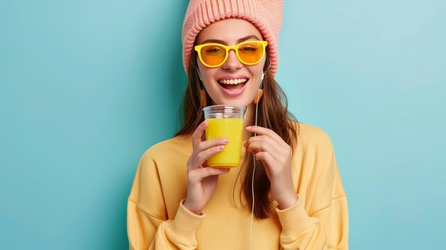 Modern young woman enjoying music with a bright yellow drink, trendy outfit and accessories