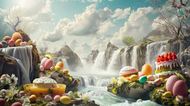 fantasy Happy Easter easter egg and cake around waterfall christian celebration with animated water fall full color egg