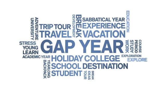 Gap Year animated word cloud;text design animation tag kinetic typography seamless loop.