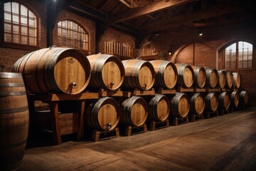 Oak barrels for beer fermentation in rural warehouse brewery