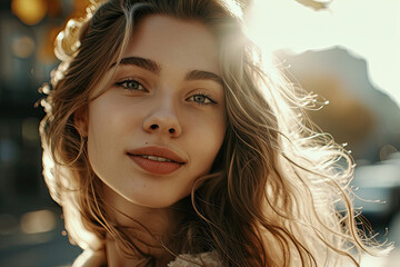 Portrait of Happy smile young woman looking camera at outdoors in sunset