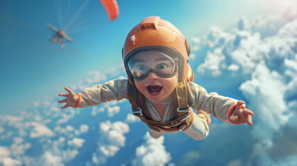 cute baby in skydiving wear flying in the sky with parachutist and orange helmet and sport glasses, blue sky background