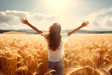 happy young woman stands with her back to the sun in a wheat field - obrazy, fototapety, plakaty