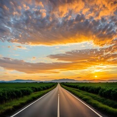 sunset time, the view of the long stretch of road