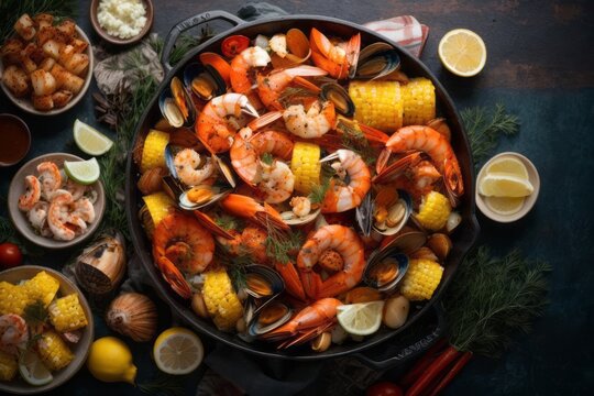 Boiled mixed seafood, delicious restaurant food menu, top view