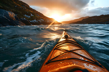 yellow kayak boat floats down the river in the fjords of Norway towards the sunset. view from myself - obrazy, fototapety, plakaty