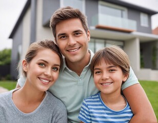 happy family in front of house