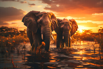 two African elephants walk on the water at sunset. mammals and wildlife - obrazy, fototapety, plakaty