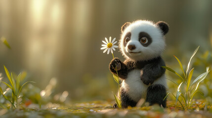 In minimalist style, a 3D panda tenderly holds a daisy, creating an isolated scene brimming with...