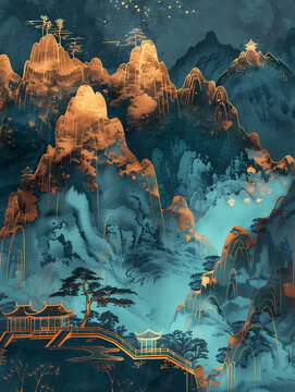 Perfect illustration, landscape painting, Chinese classical, blue, green,gold