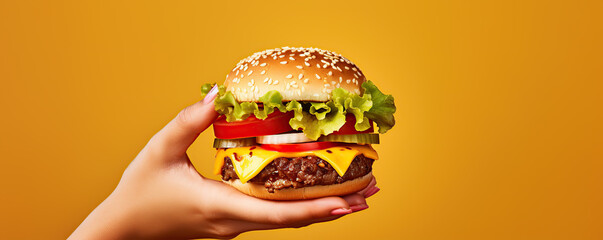 hand holding cheeseburger - obrazy, fototapety, plakaty