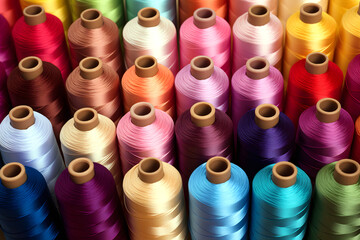 set of colored sewing threads in spools for textile and clothing production. textile industry. tailoring.