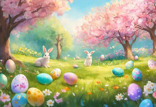 pink and blue eggs on green background, white bunnies, pink trees, blurred background, Easter