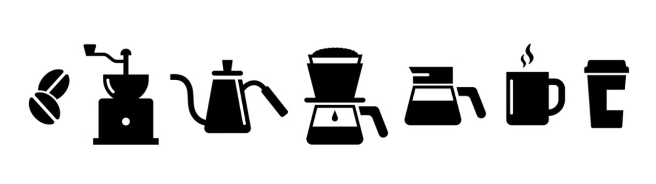 Coffee gadgets icon set. Coffee mill, dripper, kettle, cup, etc.