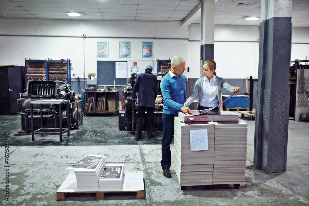 Poster printing, factory and people with paper for inspection, collaboration and quality control with paper