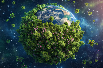 A detailed image of the Earth with a thick canopy of young, green trees covering the landmasses - obrazy, fototapety, plakaty
