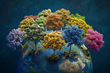 Naklejka na ściany i meble A detailed image of a globe with every country depicted by a different type of young tree