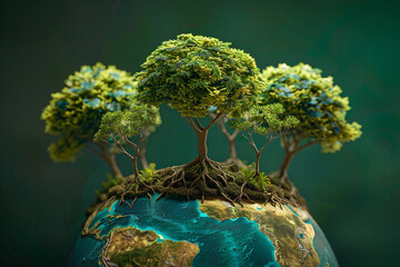 A detailed image of a globe with every country depicted by a different type of young tree