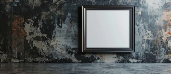 A black picture frame is displayed on a dark concrete wall with a blank mockup template inside.