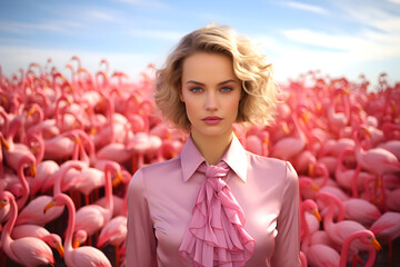 portrait of a beautiful business woman against the background of a flock of pink flamingos