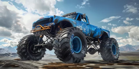 Fotobehang Monstertruck,A close up of a monster truck with large wheels in a dirt field generative ai  © Imran