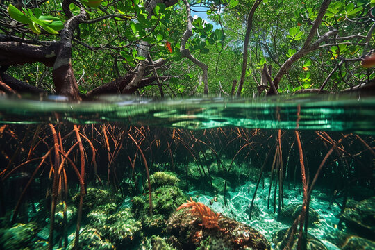 A dense mangrove forest with clear water flowing through the roots, providing a habitat for a diverse ecosystem below and above water