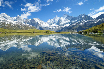 A crystal-clear mountain lake reflecting the surrounding snow-capped peaks under a bright blue sky, undisturbed by wind