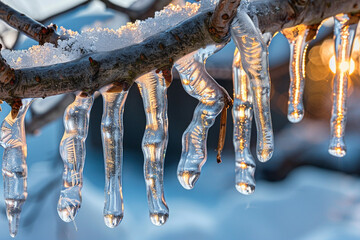 A cluster of icicles hanging from a tree branch, with the winter sun casting a soft glow through...