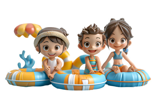 A 3D animated cartoon render of smiling kids playing in a pool at a waterpark.