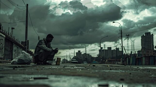 sad man sit in the road with animated cloudy sky with bad weather