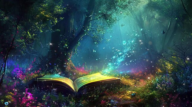 Enchanted forest with a mystical book emanating magic in its midst
 Seamless looping 4k time-lapse virtual video animation background. Generated AI