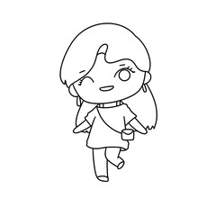 A girl is drawing a picture of herself. She is wearing a white shirt and has a cup in her hand