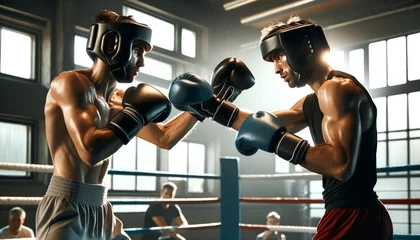 Poster A medium shot of two boxers sparring in the ring with protective headgear and gloves on. © FantasyLand86