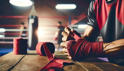 A close-up of a boxer's hands being wrapped in red boxing wraps in preparation for a training session. - obrazy, fototapety, plakaty
