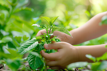 A close-up of a kid's hands cradling a budding plant, against a backdrop of lush spring greenery