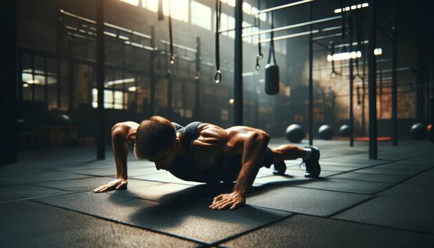 A medium shot of a boxer doing push-ups in the gym, highlighting their strength and conditioning.