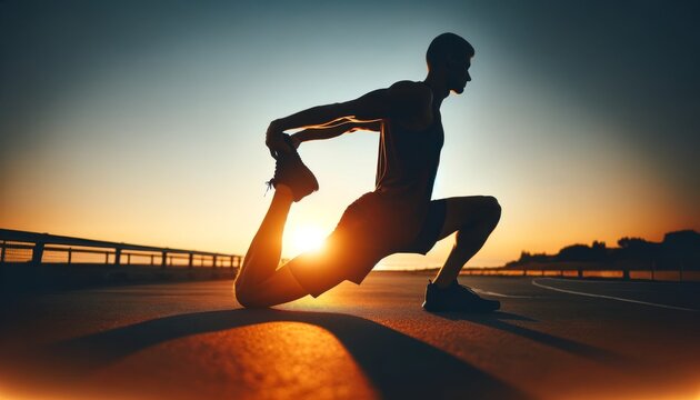 An athlete stretching at sunrise, with the warm glow of the morning sun backlighting their silhouette.
