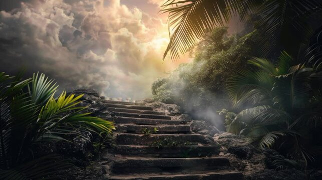 stair to the sky heaven an ancient stair in the midle of the jungle hill end up to the cloudy sky animated cloud in the morning