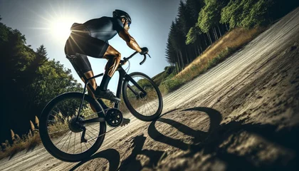 Foto op Canvas An athletic person is seen from a low-angle view, cycling vigorously up a steep hill. © FantasyLand86